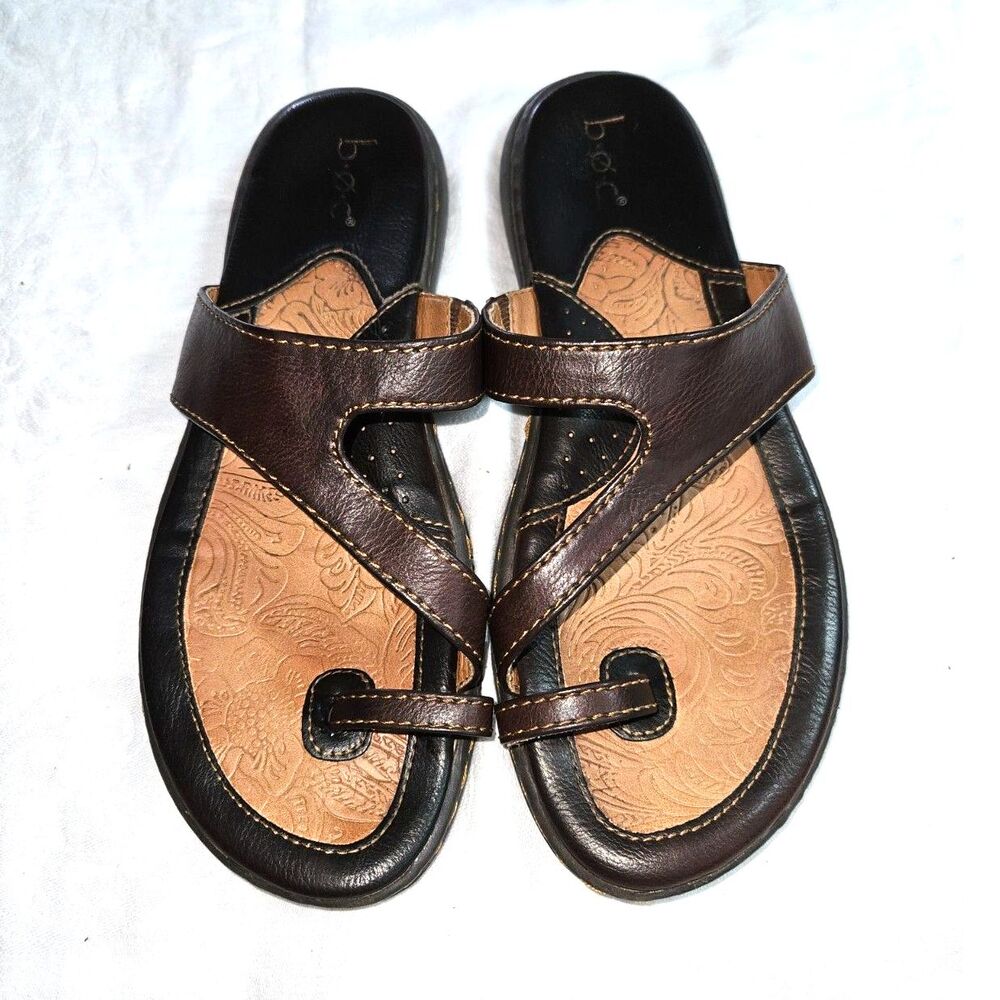 B.O.C. Brown Leather Slide In Sandals Flip Flop Toe Loop Size 8.5